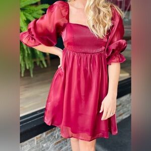 Blu Pepper Red Puff Sleeve Iridescent Mini Sundress